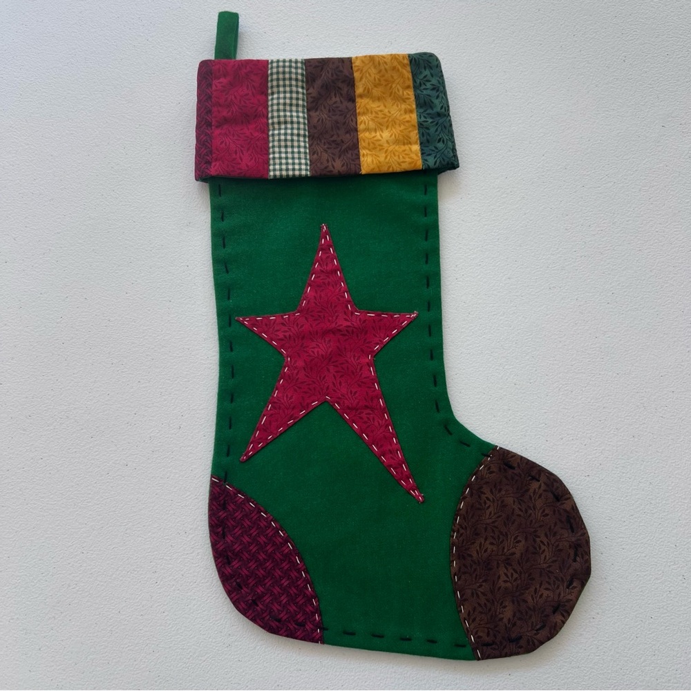Wool Rayon Patchwork Christmas Stocking Quilt Star Vintage Primitive Country